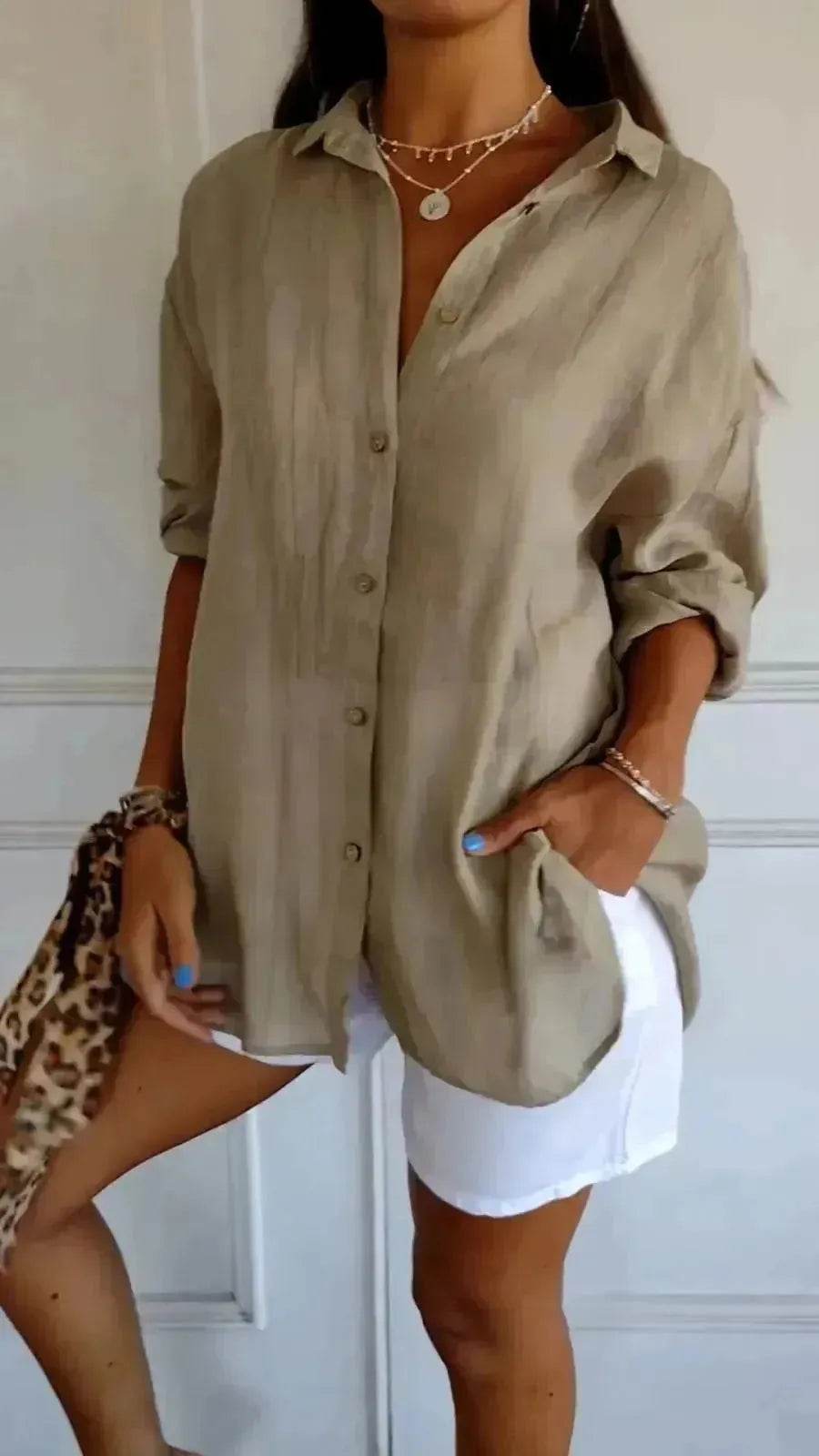 Fashionable Lapel Long Sleeve Shirt Top Women's Single-breasted Pleated Shirt Women Tops - Velora