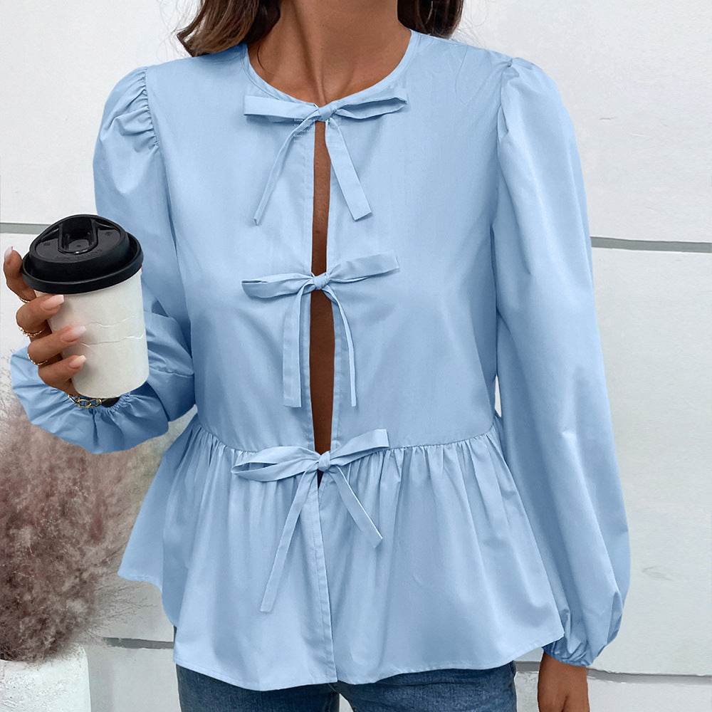Casual Loose Lantern sleeve Buckle blouse Top For Women - Velora