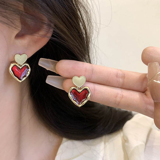Wine Red Love Heart Earrings For Women Girl Gold Color Metal Love Heart Hanging Dangle Earrings Vintage Jewelry - Velora