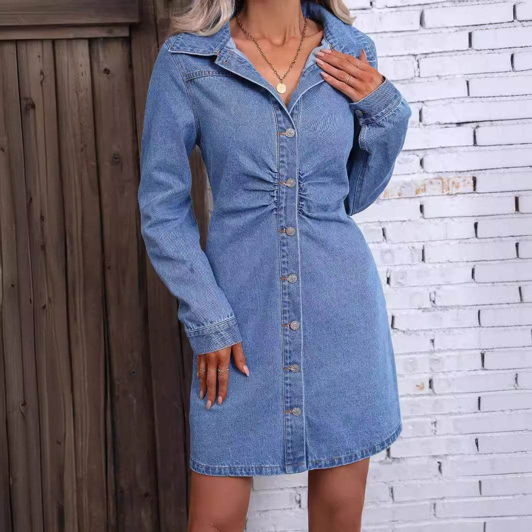 Retro Waist-controlled Slimming Long Sleeve Denim Dress - Velora