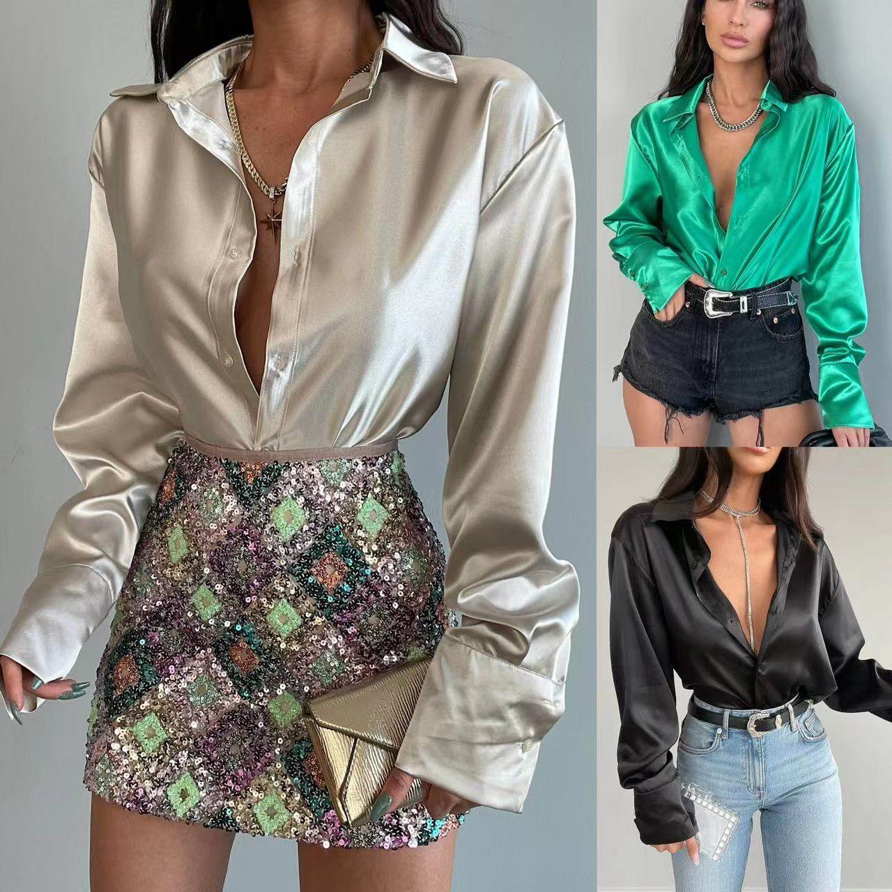 Single-breasted Long Sleeve Lapel Satin Blouse Shirt for work business office - Velora