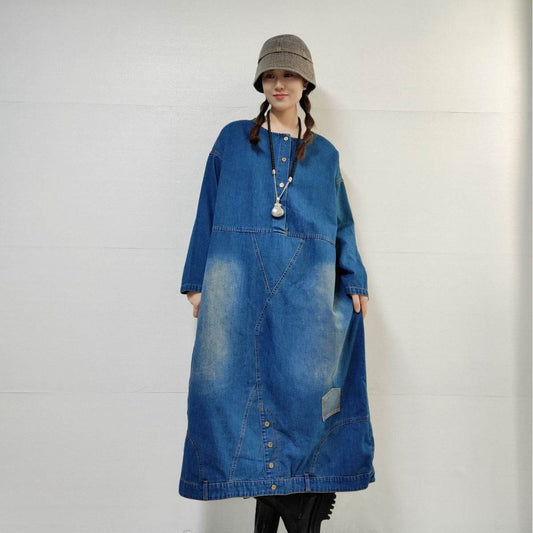 Loose-fitting Casual Round-neck Long-sleeved Oversized Long Denim Dress