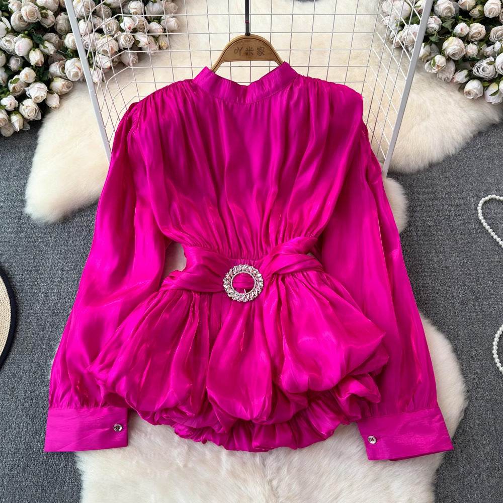 Elegant Luxury French Style High-grade waist belt lantern sleeve Niche Blouse top for Women - Velora