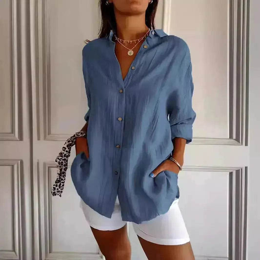 Fashionable Lapel Long Sleeve Shirt Top Women's Single-breasted Pleated Shirt Women Tops - Velora