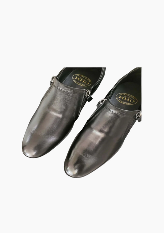 OHM Plain Toe Branded Zip Closure Slip-on Leather Shoes - Velora