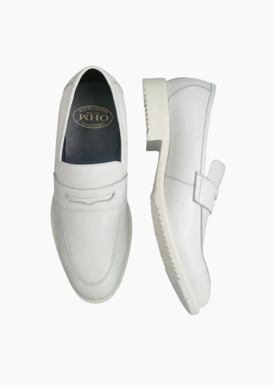 OHM Royal White Penny Loafer Leather Shoes - Velora