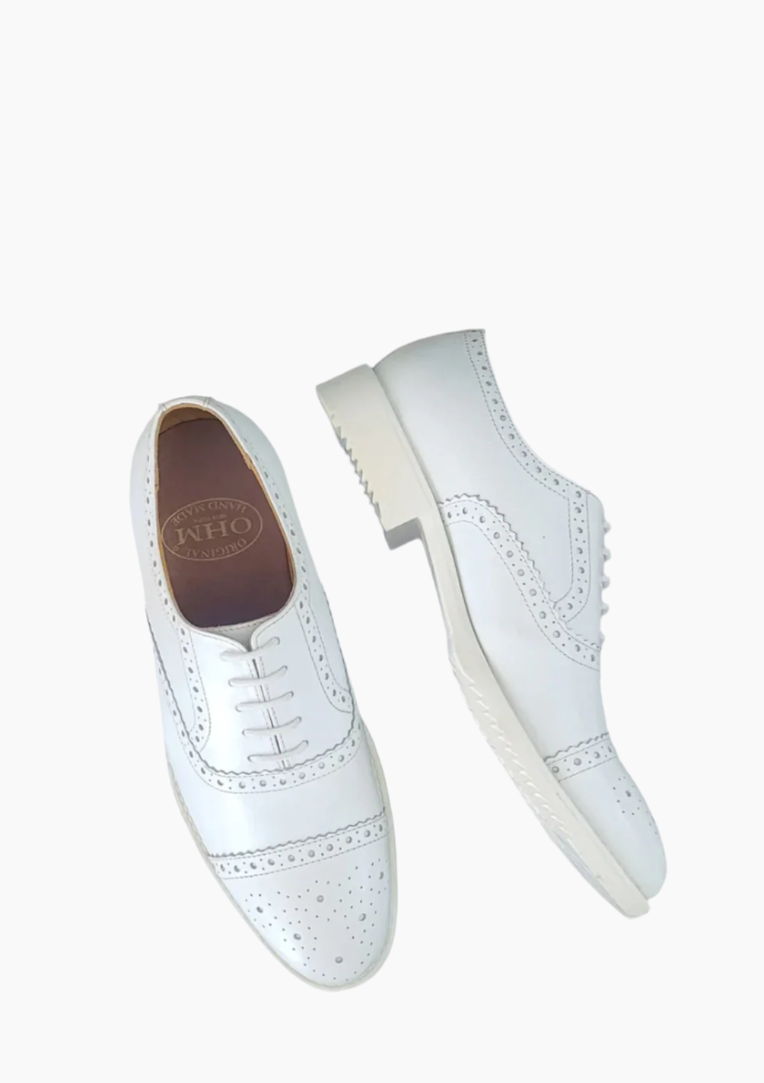 OHM Cap Toe Oxford Perforated Brogue Executive Leather Shoes White - Velora