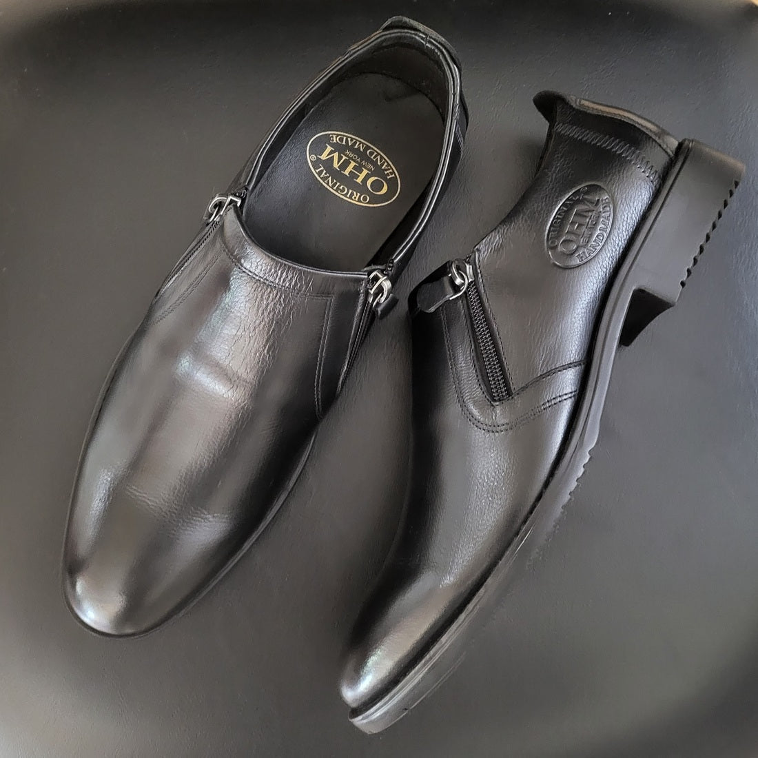 OHM Plain Toe Branded Zip Closure Slip-on Leather Shoes - Velora