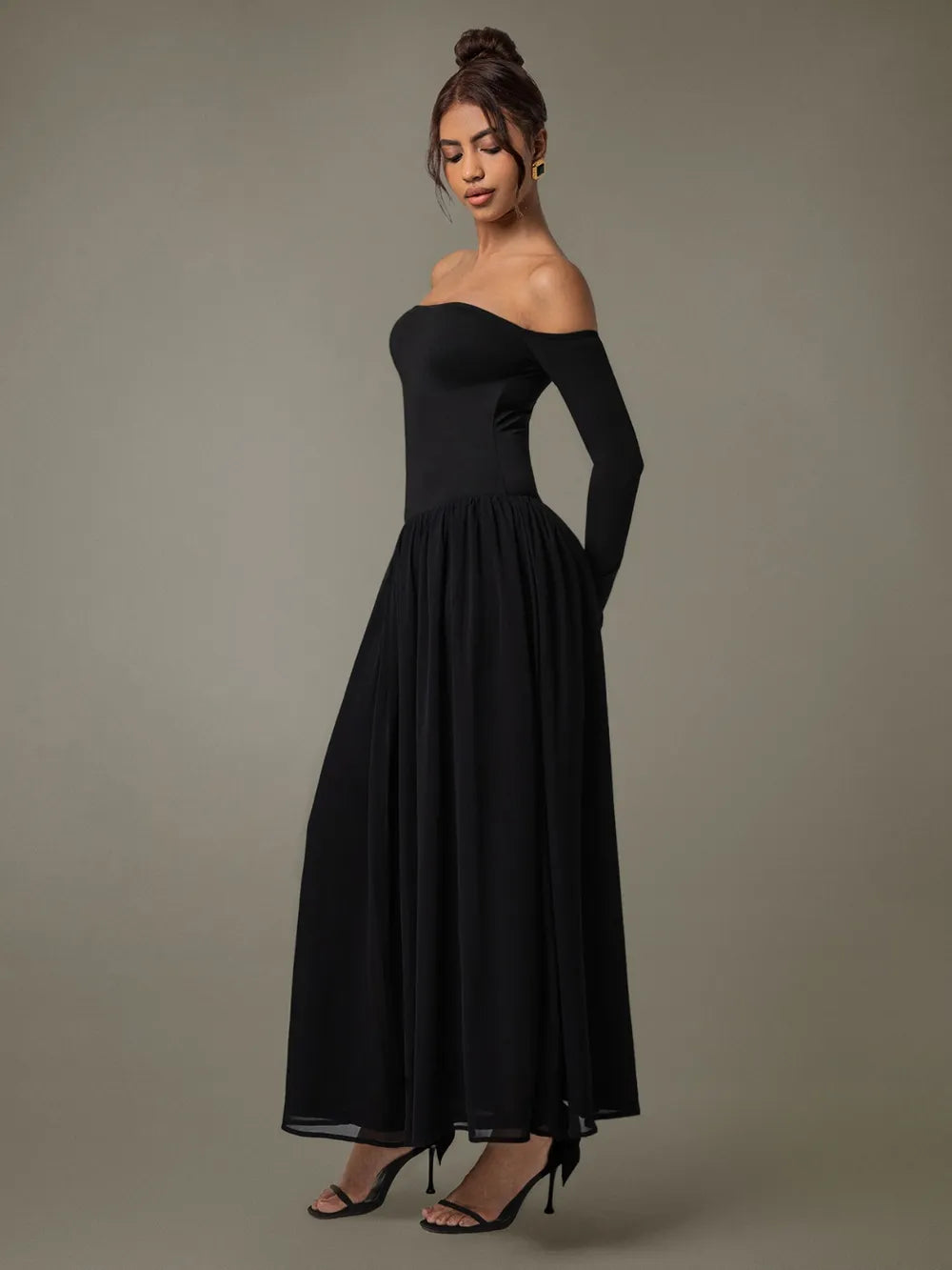 Off Shoulder Long Sleeve Maxi Dress - Velora Luxury Fashion
