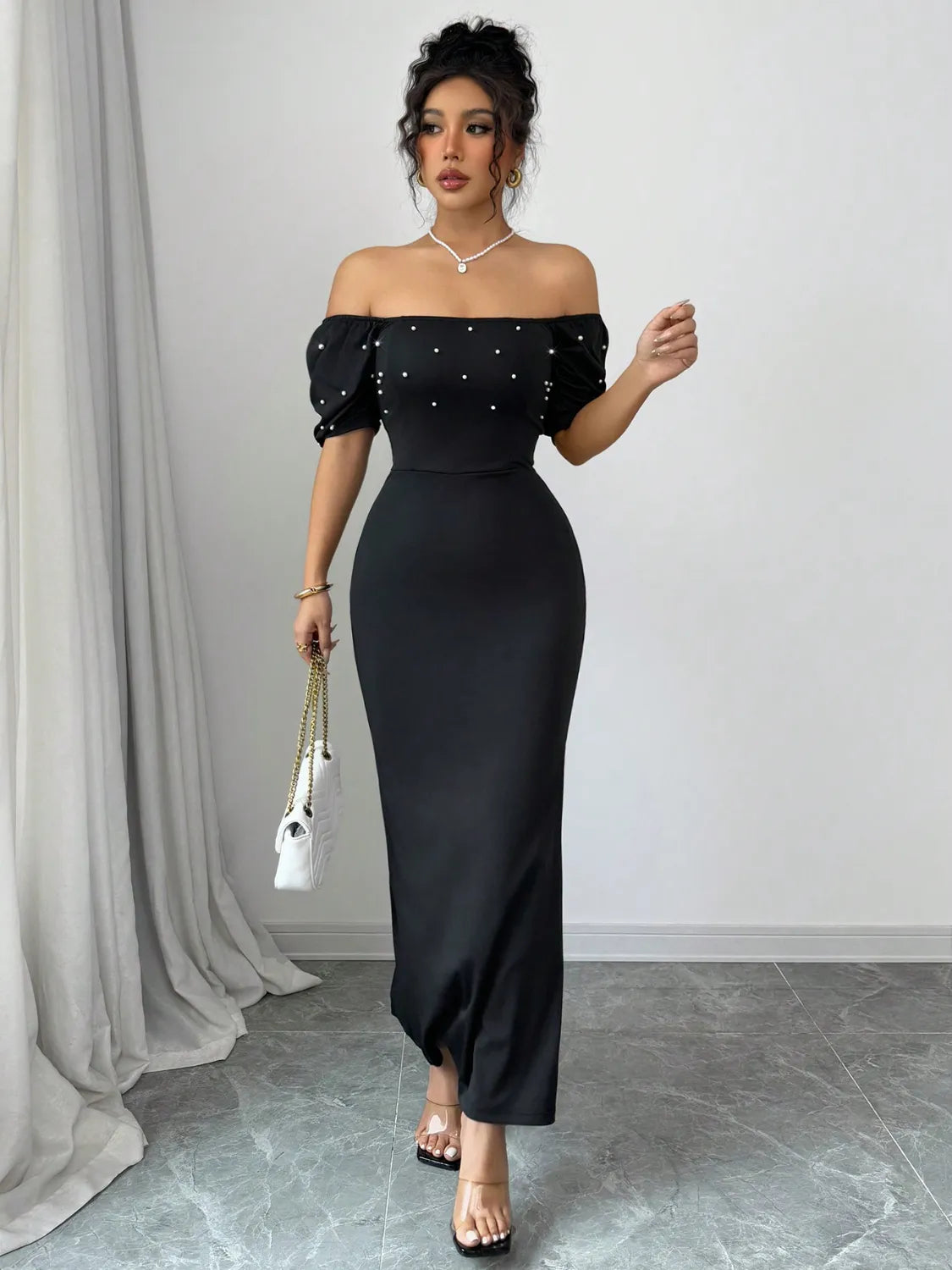 Off Shoulder Short Sleeve Maxi Dress - Velora Luxury Fashion