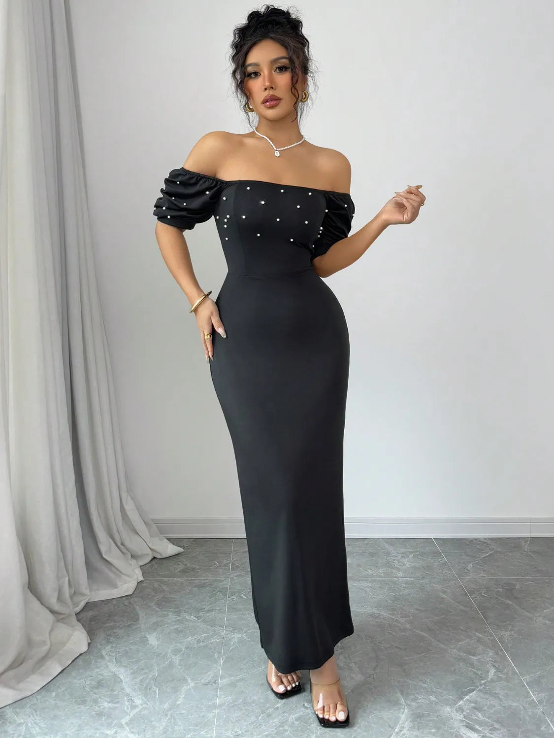 Off Shoulder Short Sleeve Maxi Dress - Velora Luxury Fashion