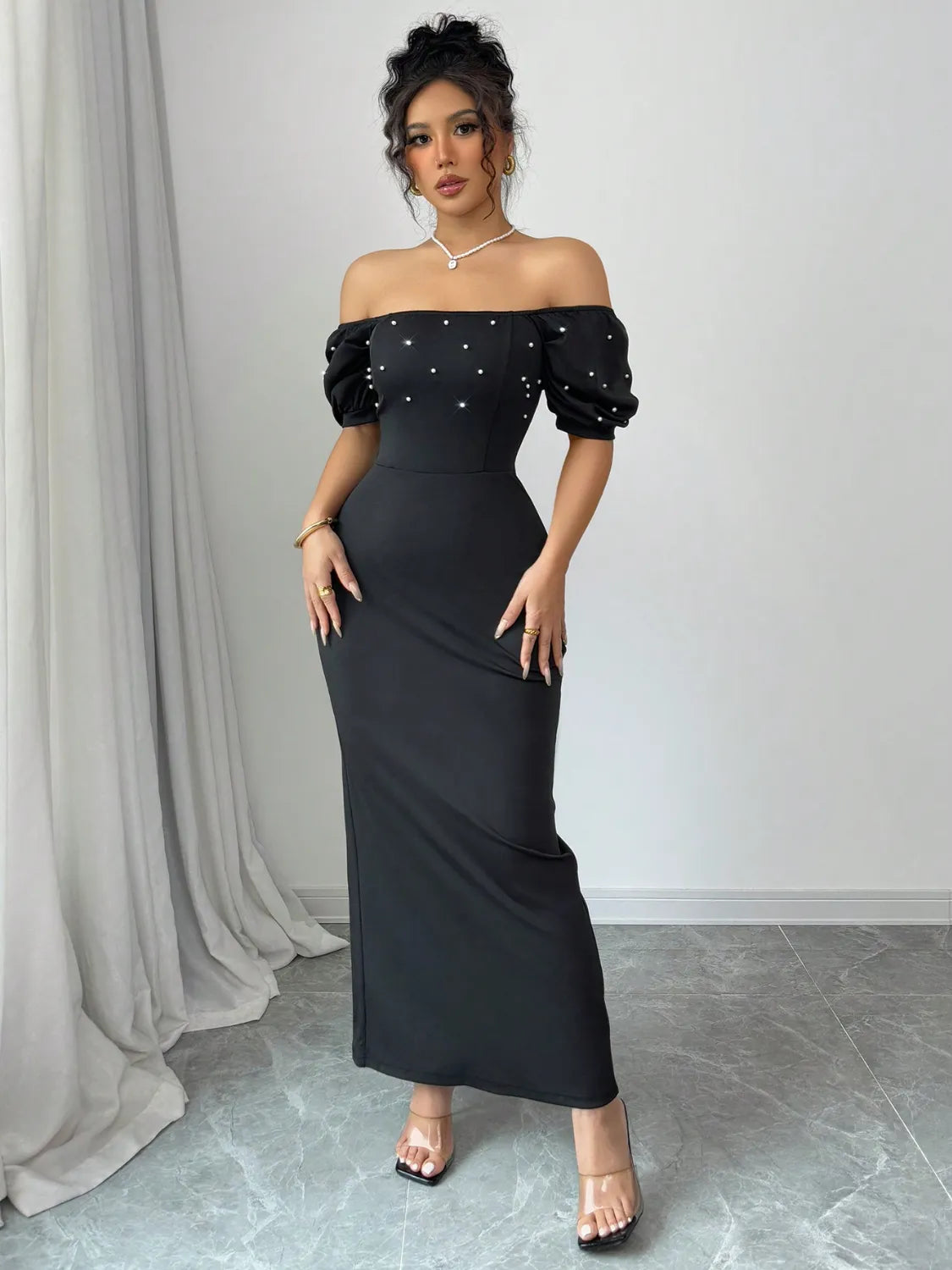 Off Shoulder Short Sleeve Maxi Dress - Velora Luxury Fashion