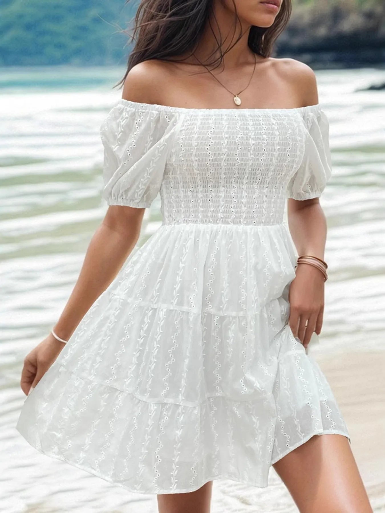 Off-Shoulder Smocked Eyelet Summer Dress - Velora Luxury Fashion