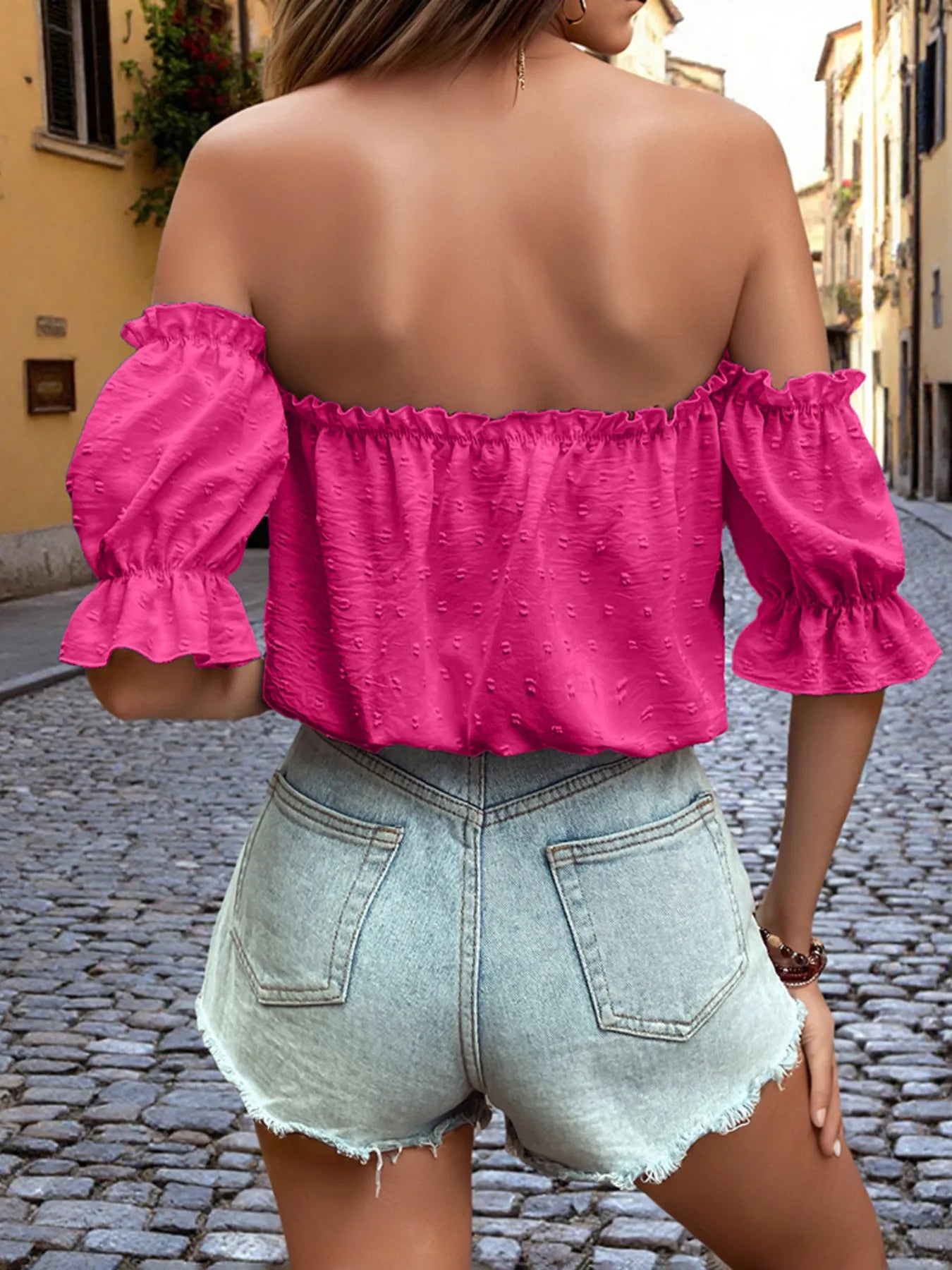 Off-Shoulder Swiss Dot Blouse with Tie Front Detail - Velora Luxury Fashion