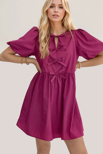 Oh Bow Ruched Puff Sleeve Mini Dress - Velora Luxury Fashion