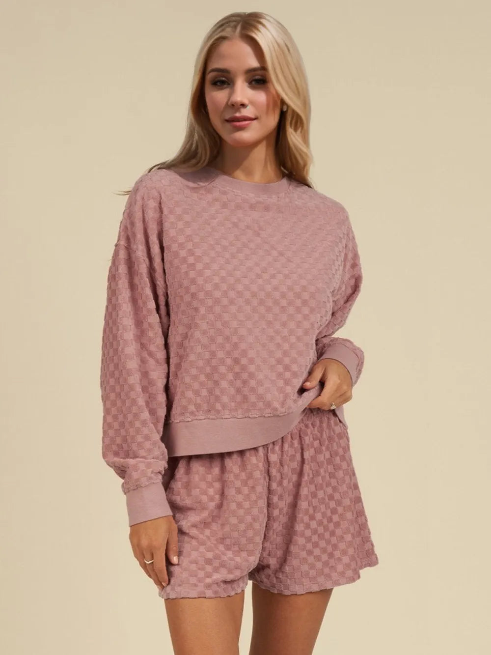 Oh Checkered Round Neck Long Sleeve Top and Shorts Set - Velora Luxury Fashion