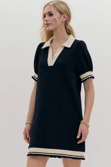 Oh Frill Contrast Trim Johnny Collar Short Sleeve Mini Dress - Velora Luxury Fashion