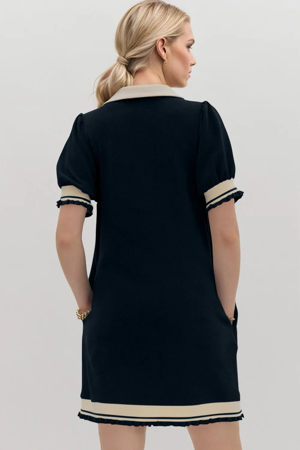 Oh Frill Contrast Trim Johnny Collar Short Sleeve Mini Dress - Velora Luxury Fashion