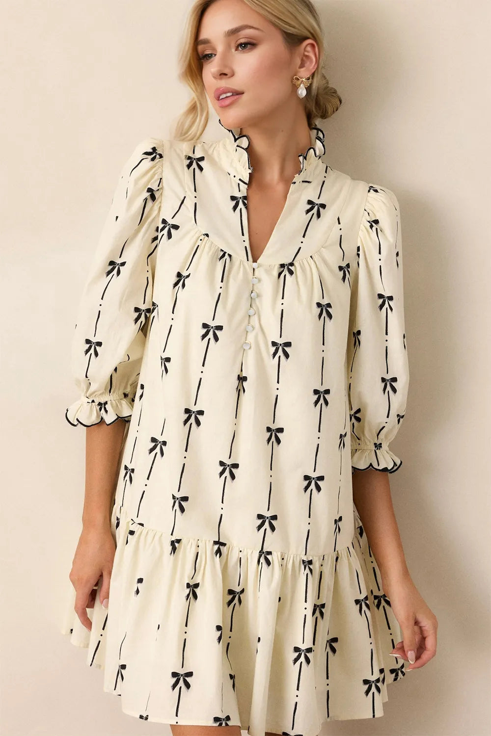 Oh Full Size Frill Bow Print Half Sleeve Mini Dress - Velora Luxury Fashion