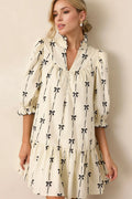 Oh Full Size Frill Bow Print Half Sleeve Mini Dress - Velora Luxury Fashion