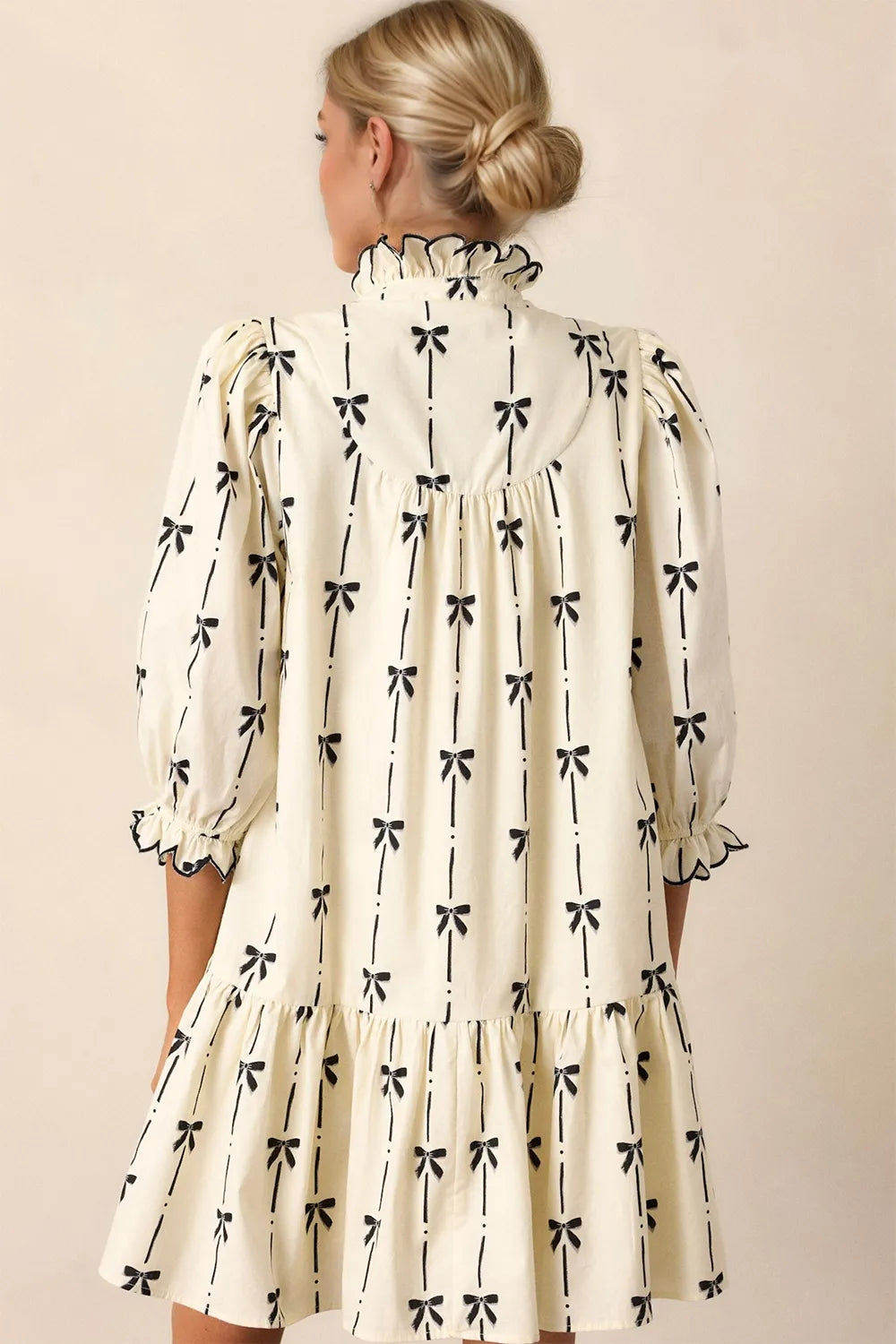 Oh Full Size Frill Bow Print Half Sleeve Mini Dress - Velora Luxury Fashion