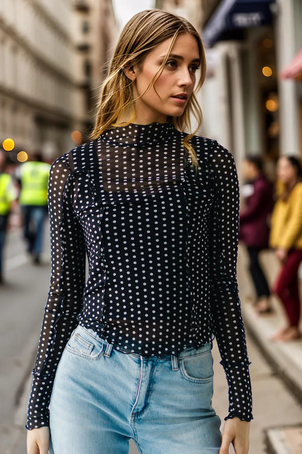 Oh Full Size Frill Printed Mock Neck Long Sleeve Top - Velora Luxury Fashion