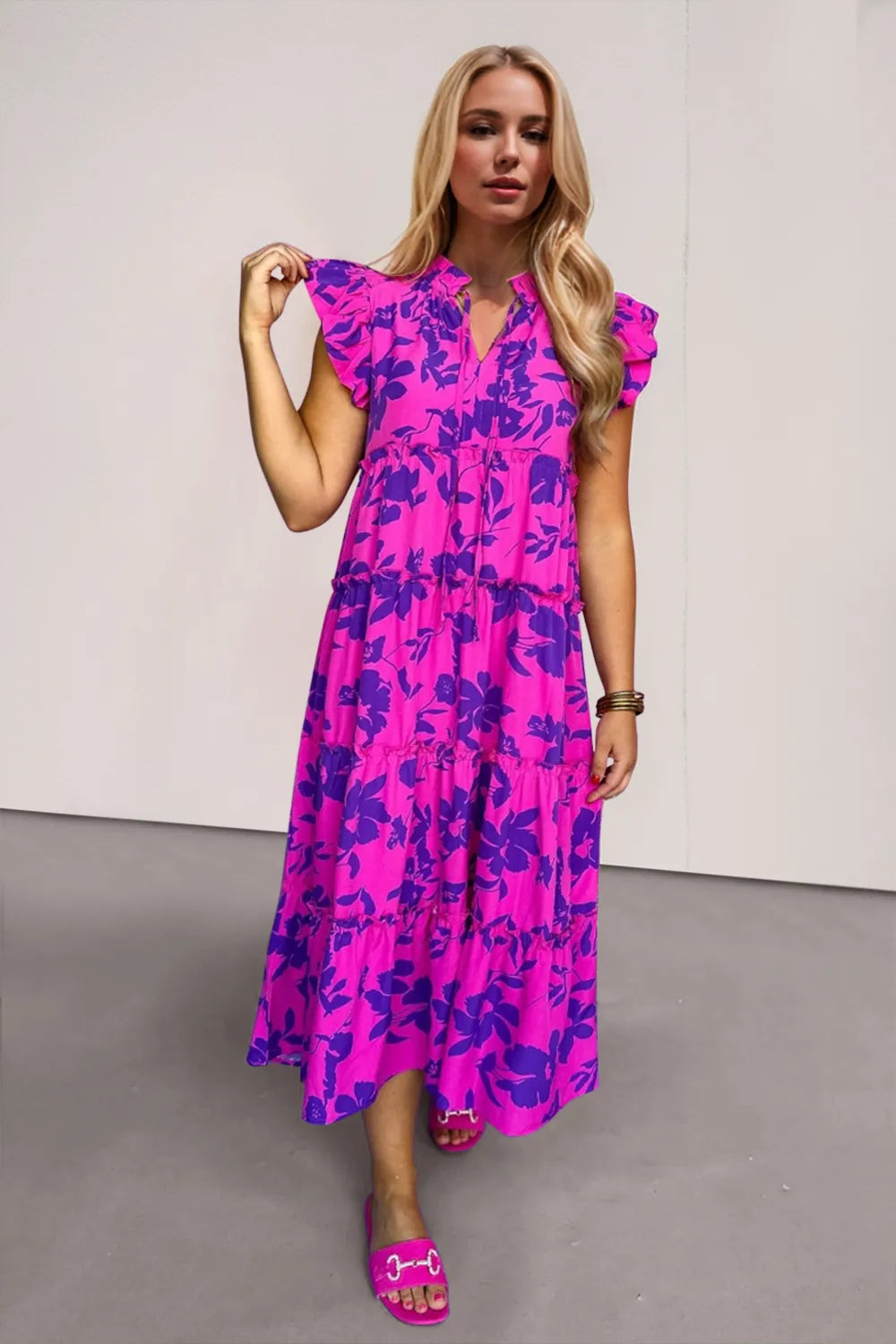 Oh Full Size Ruffled Printed Notched Cap Sleeve Midi Dress - Velora Luxury Fashion