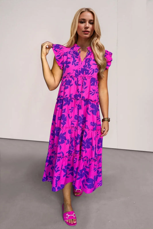 Oh Full Size Ruffled Printed Notched Cap Sleeve Midi Dress - Velora Luxury Fashion