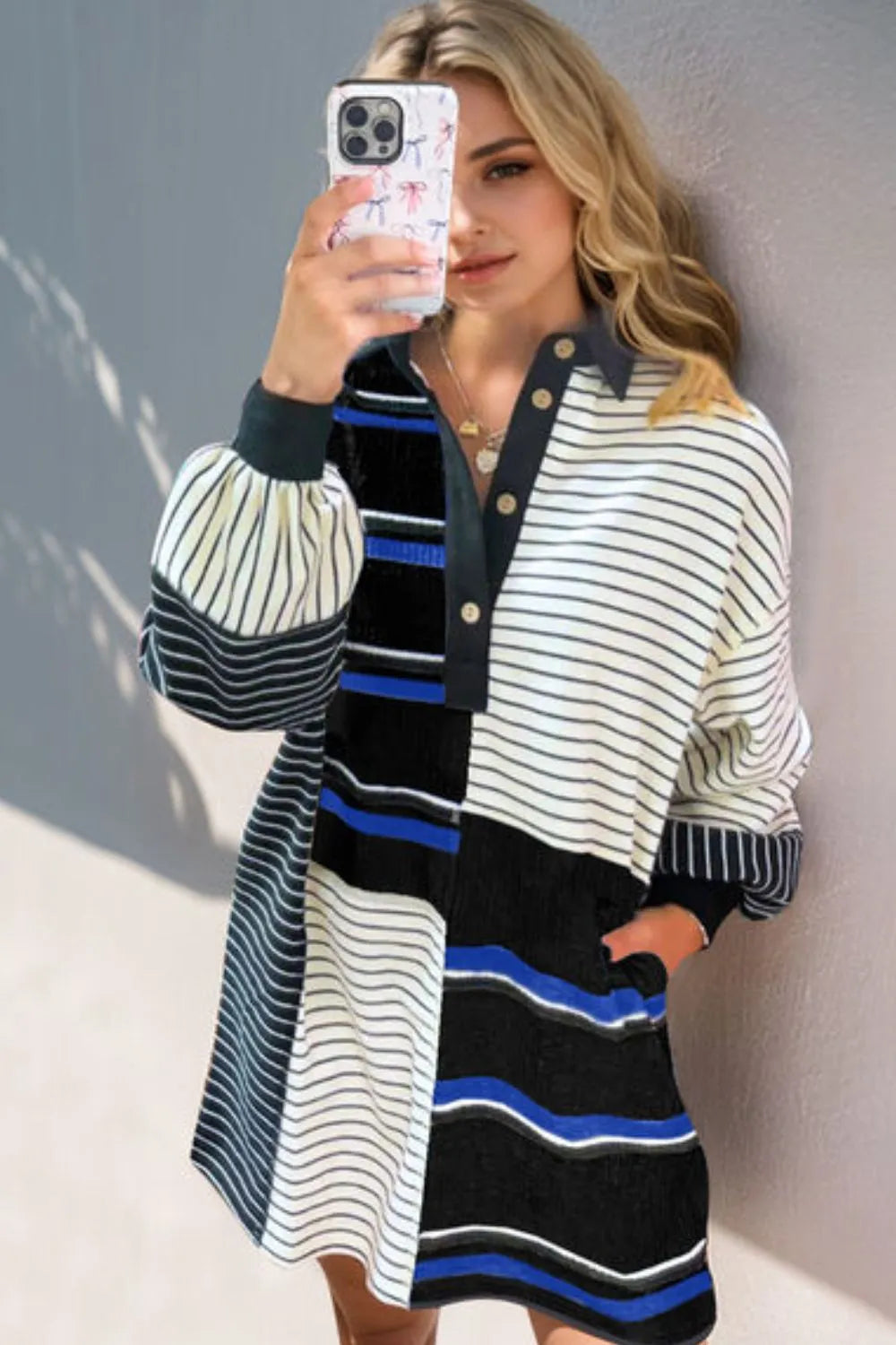 Oh Full Size Striped Half Button Long Sleeve Mini Dress - Velora Luxury Fashion