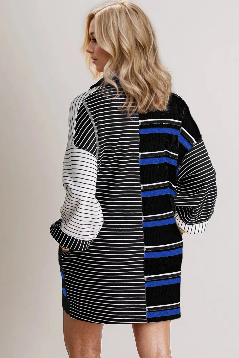 Oh Full Size Striped Half Button Long Sleeve Mini Dress - Velora Luxury Fashion