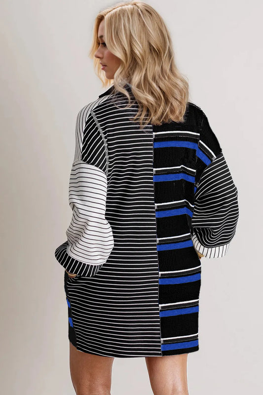 Oh Full Size Striped Half Button Long Sleeve Mini Dress - Velora Luxury Fashion