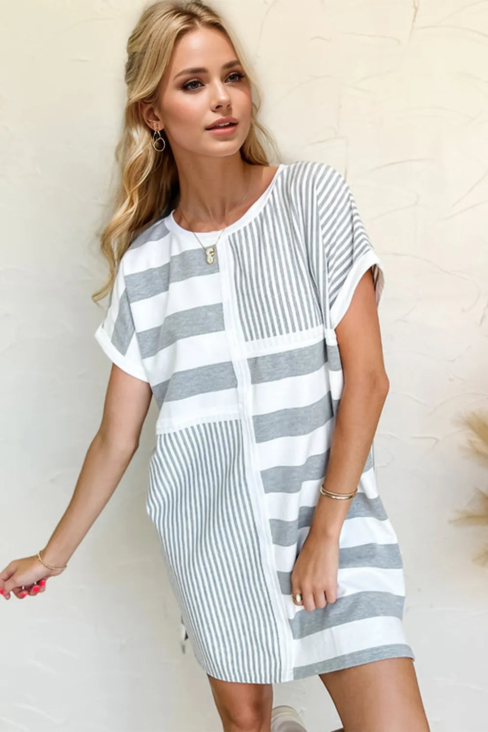 Oh Full Size Striped Round Neck Short Sleeve Mini Tee Dress - Velora