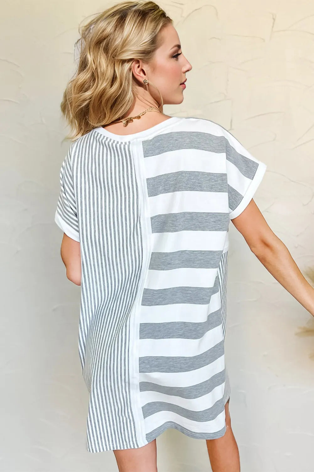 Oh Full Size Striped Round Neck Short Sleeve Mini Tee Dress - Velora Luxury Fashion