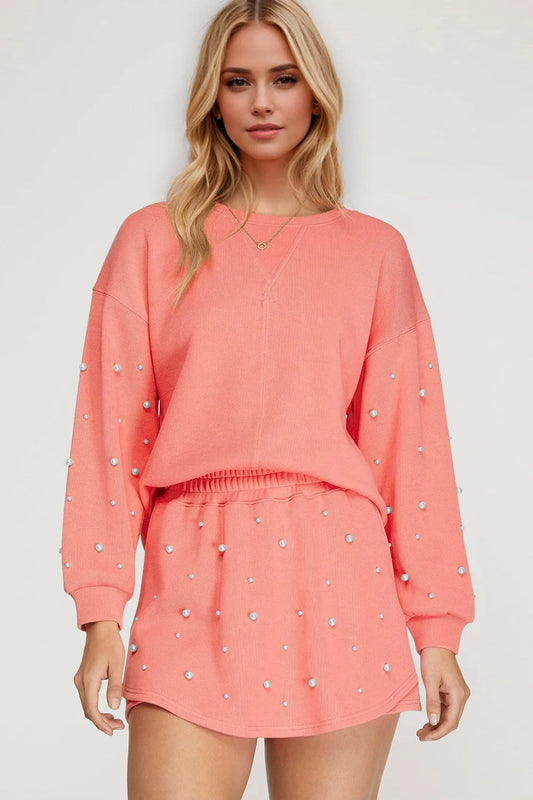 Oh Pearl Trim Round Neck Long Sleeve Top and Skirt Set - Velora Luxury Fashion