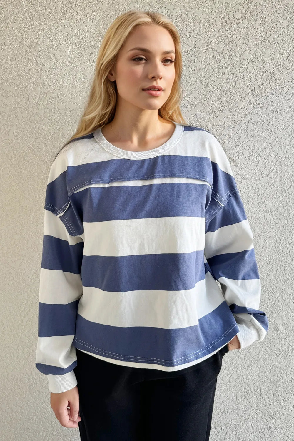 Oh Pima Cotton Wash Exposed Seam Contrast Striped Round Neck Long Sleeve T-Shirt - Velora Luxury Fashion