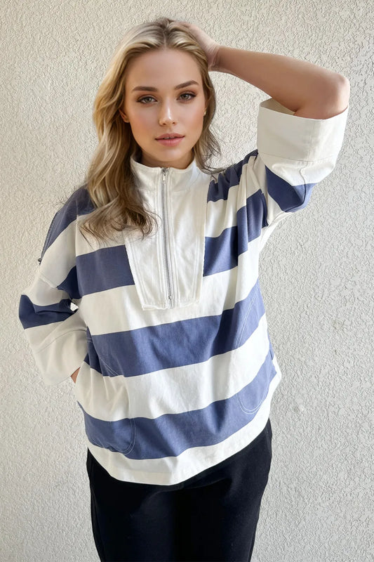 Oh Pima Cotton Wash Striped Half Zip Mock Neck Long Sleeve Top - Velora Luxury Fashion