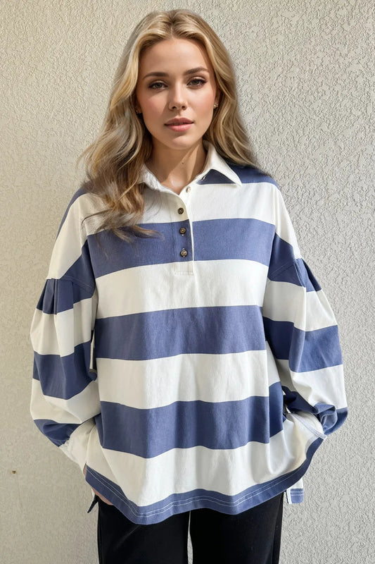 Oh Pima Cotton Wash Wide Striped Collared Neck Long Sleeve Top - Velora Luxury Fashion