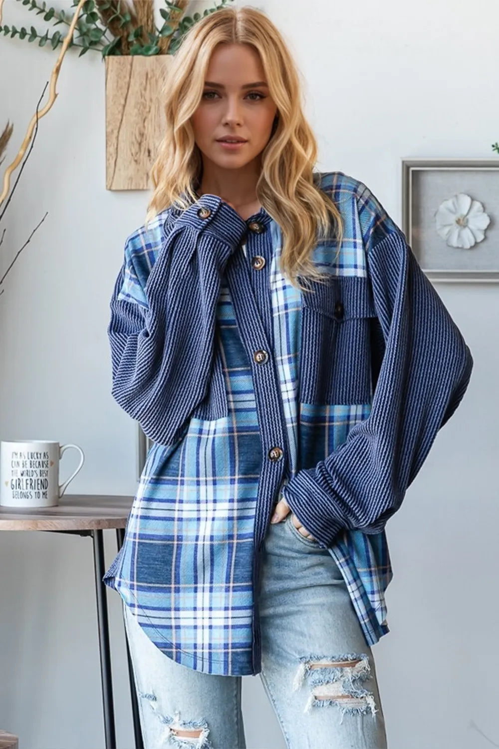 Oh Plaid Button Up Long Sleeve Shacket with Breast Pockets - Velora Luxury Fashion