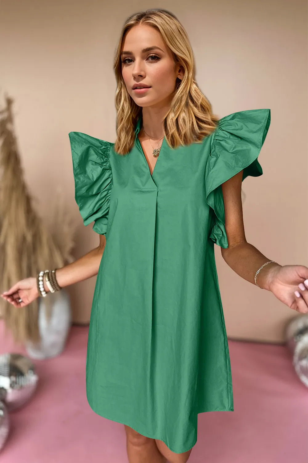 Oh Ruched Johnny Collar Cap Sleeve Mini Dress - Velora Luxury Fashion