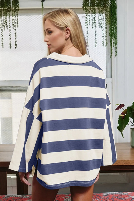 Oh Striped Johnny Collar Long Sleeve T-Shirt - Velora Luxury Fashion