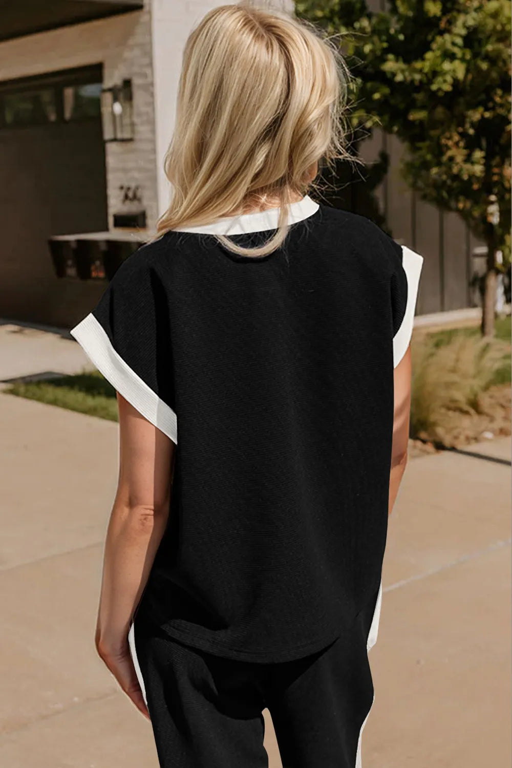 Oh Texture Contrast Trim Round Neck Cap Sleeve Top and Pants Set - Velora Luxury Fashion