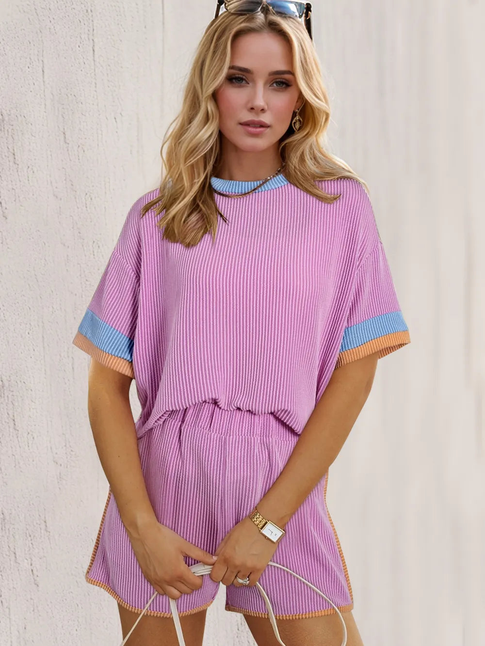 Oh Texture Round Neck Half Sleeve Top and Shorts Set - Velora Luxury Fashion