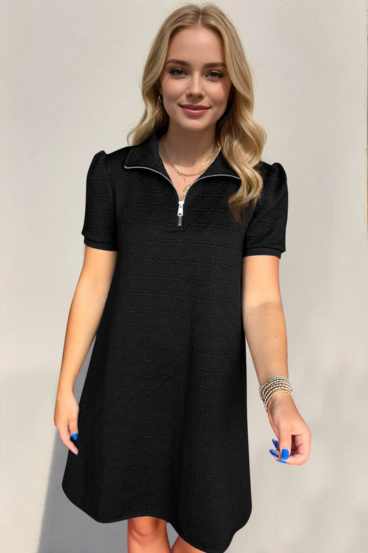 Oh Textured Quarter Zip Short Sleeve Dress - Velora Luxury Fashion