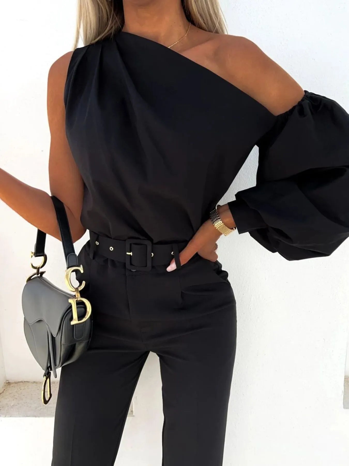 One Shoulder Puff Sleeve Blouse - Velora Luxury Fashion