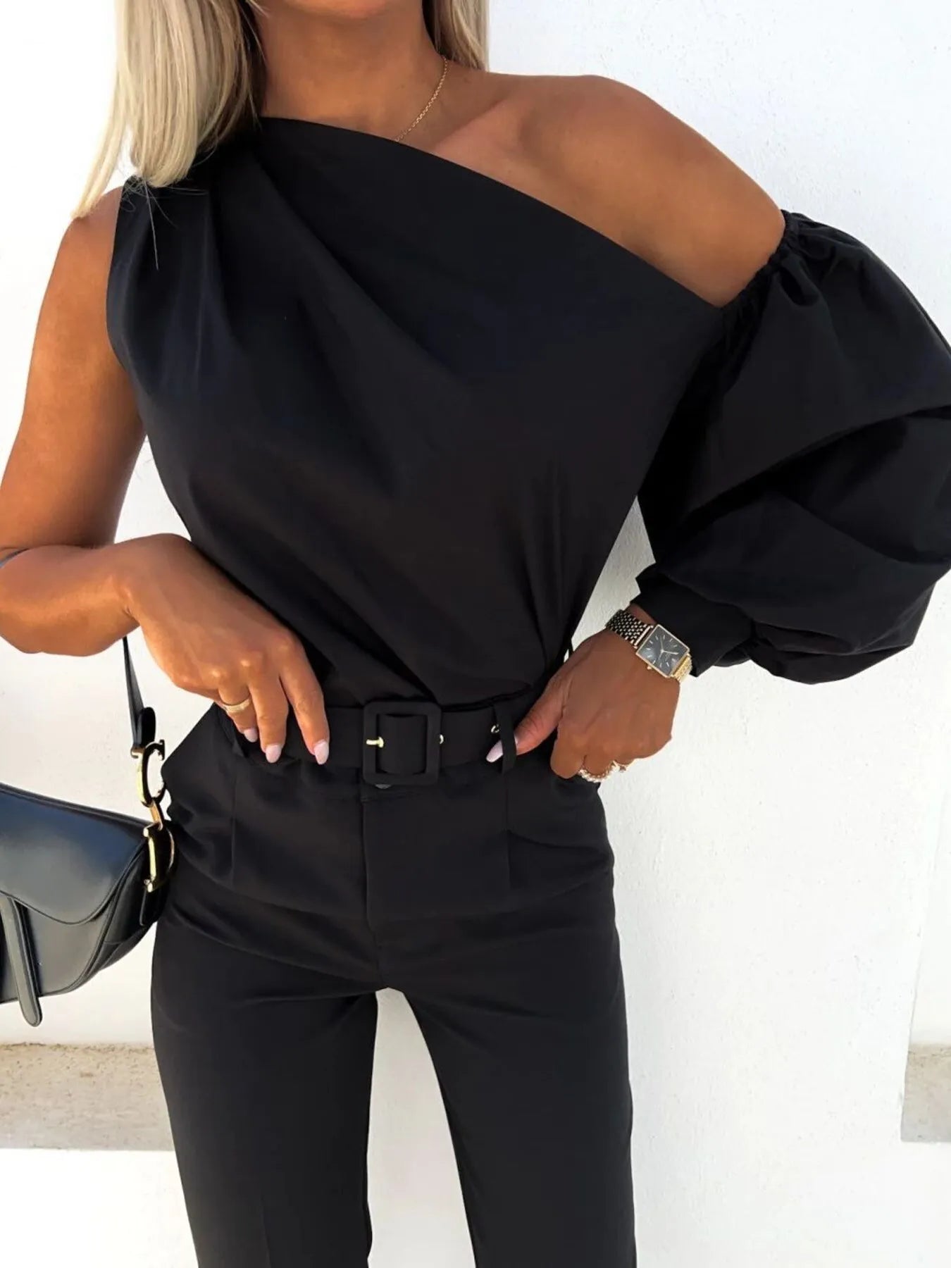 One Shoulder Puff Sleeve Blouse - Velora Luxury Fashion