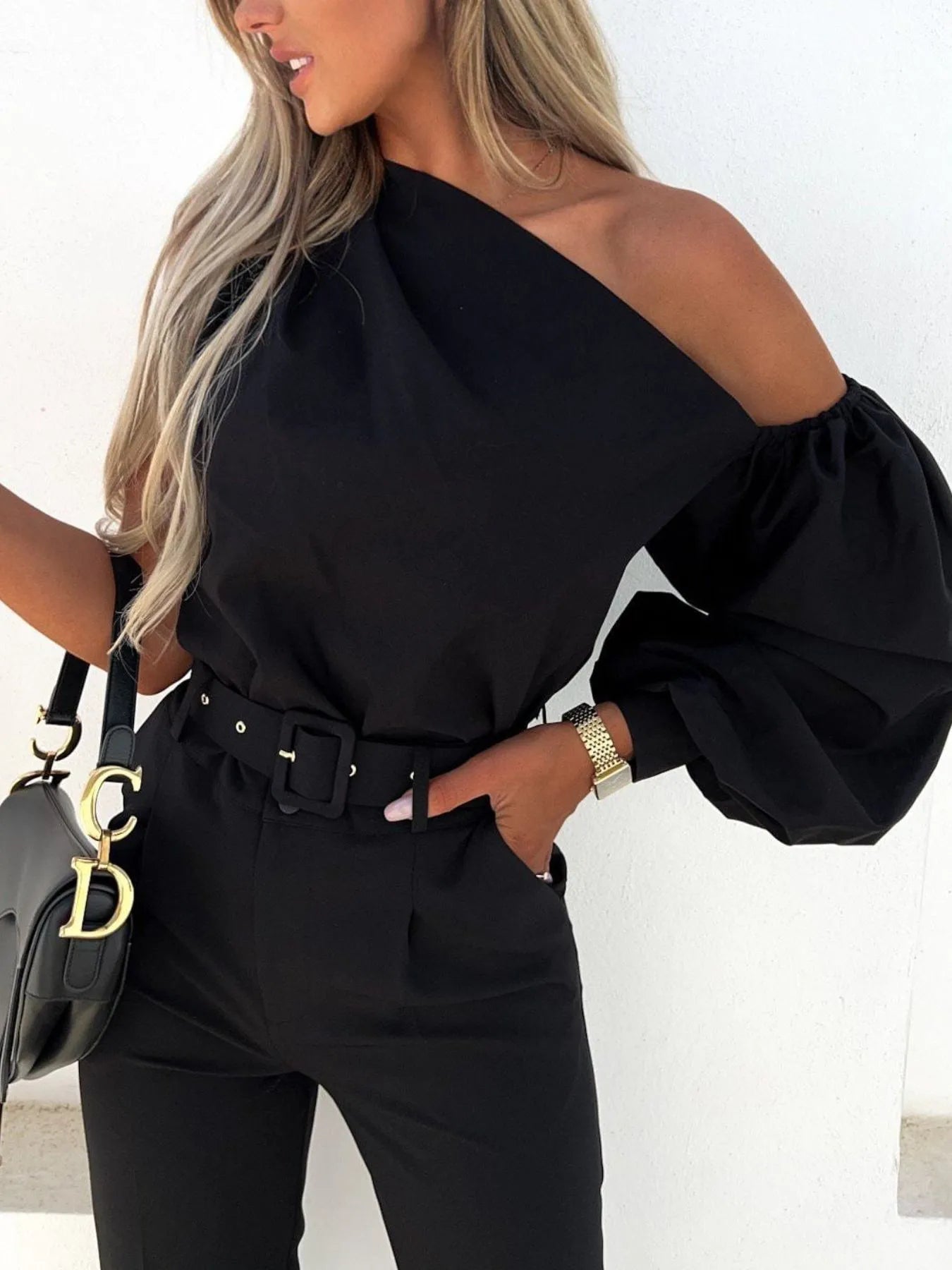 One Shoulder Puff Sleeve Blouse - Velora Luxury Fashion