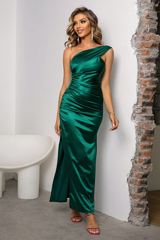 One-Shoulder Ruched Slit Maxi Dress - Velora Luxury Fashion
