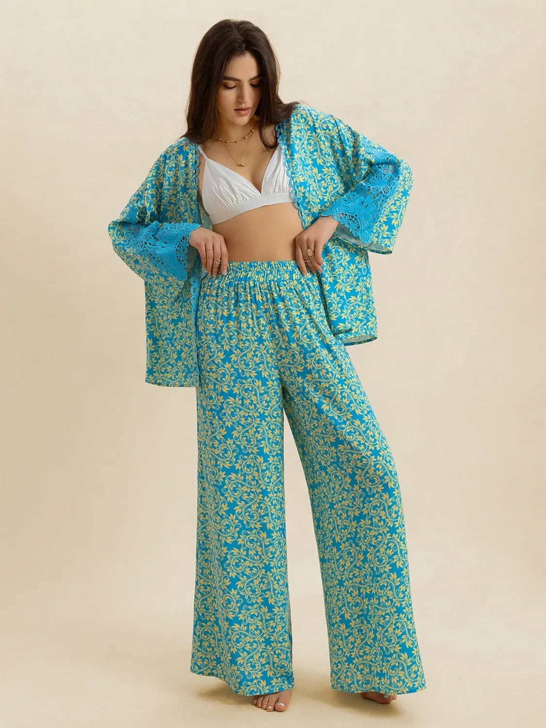 Open Front Printed Top and Pants Set - Velora Luxury Fashion