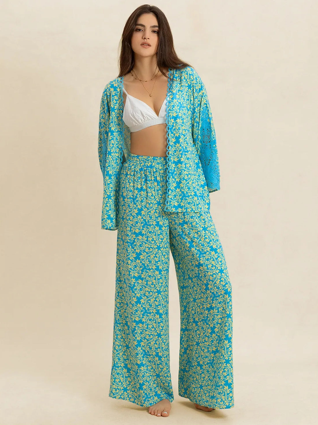 Open Front Printed Top and Pants Set - Velora Luxury Fashion