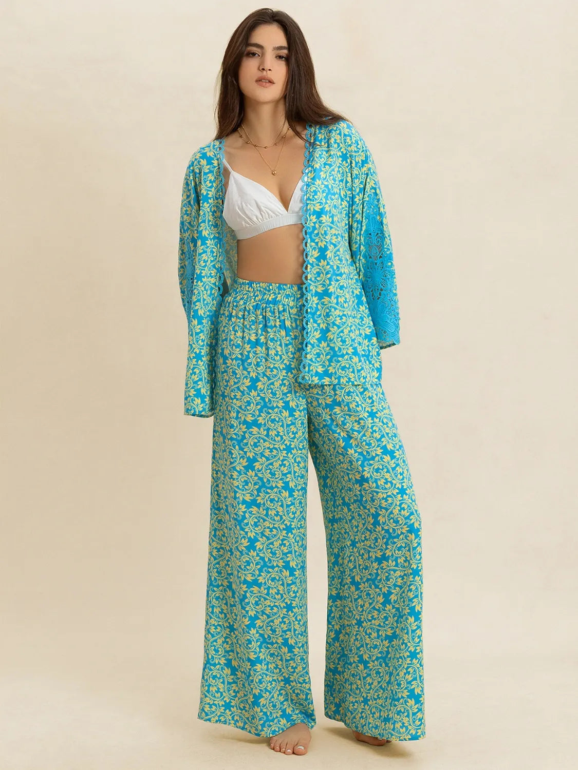 Open Front Printed Top and Pants Set - Velora Luxury Fashion
